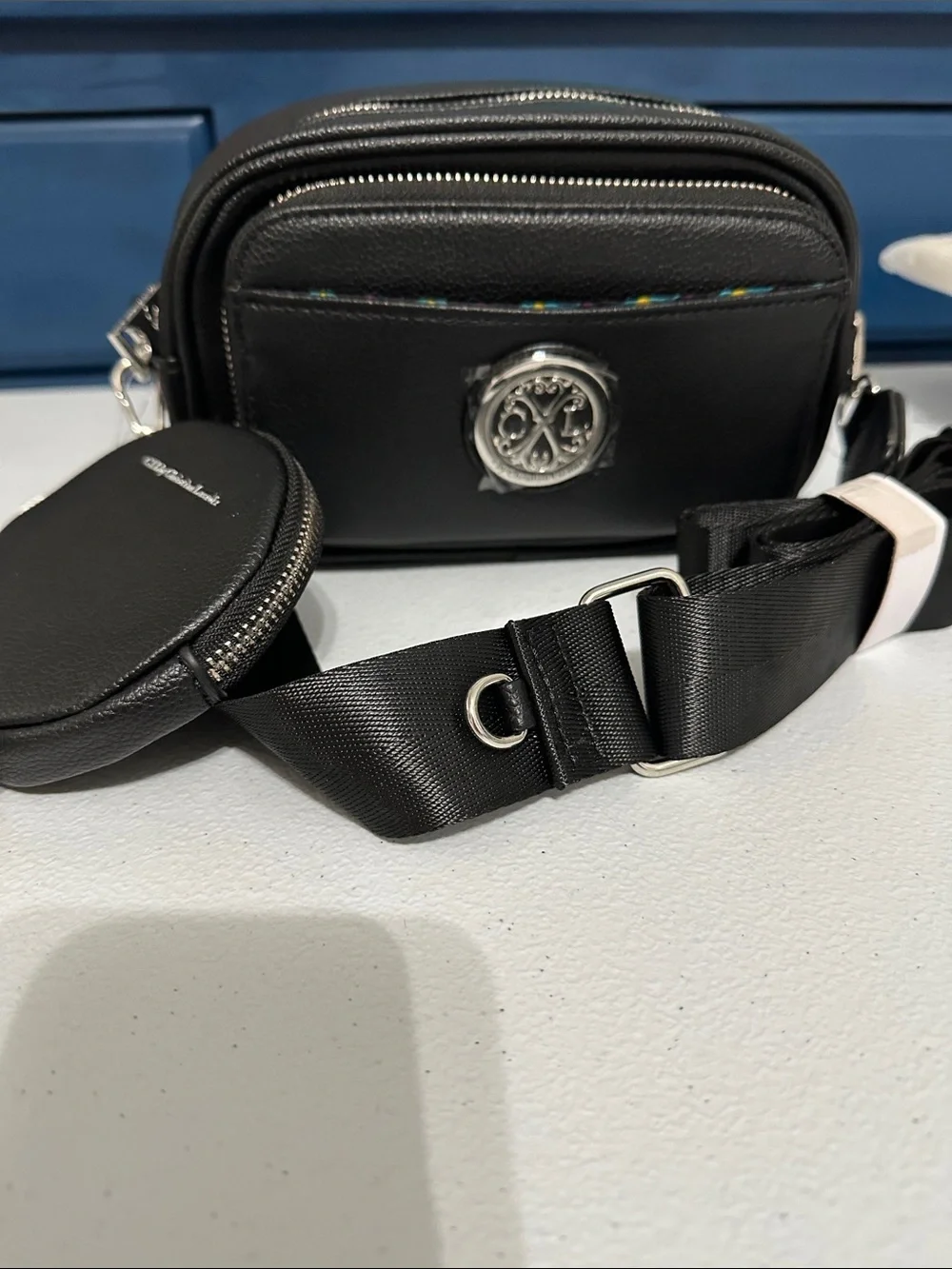 Christian Lacroix Black Leather Crossbody Card & Key Holder